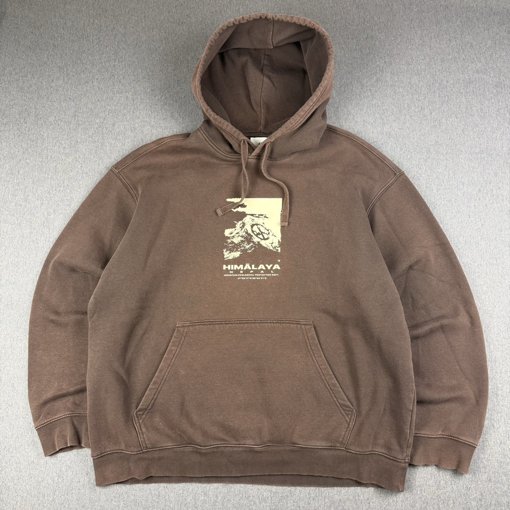 H&M Mens Relaxed Fit Himalaya Nepal Graphic Pullover Hoodie Brown XL